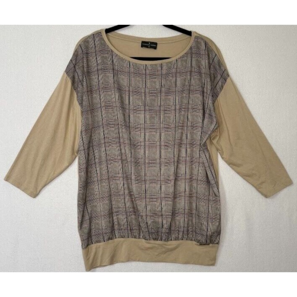 Roberto Verino Shirt Women Size 14 Brown Plaid Long Sleeve Crew Neck Lightweight